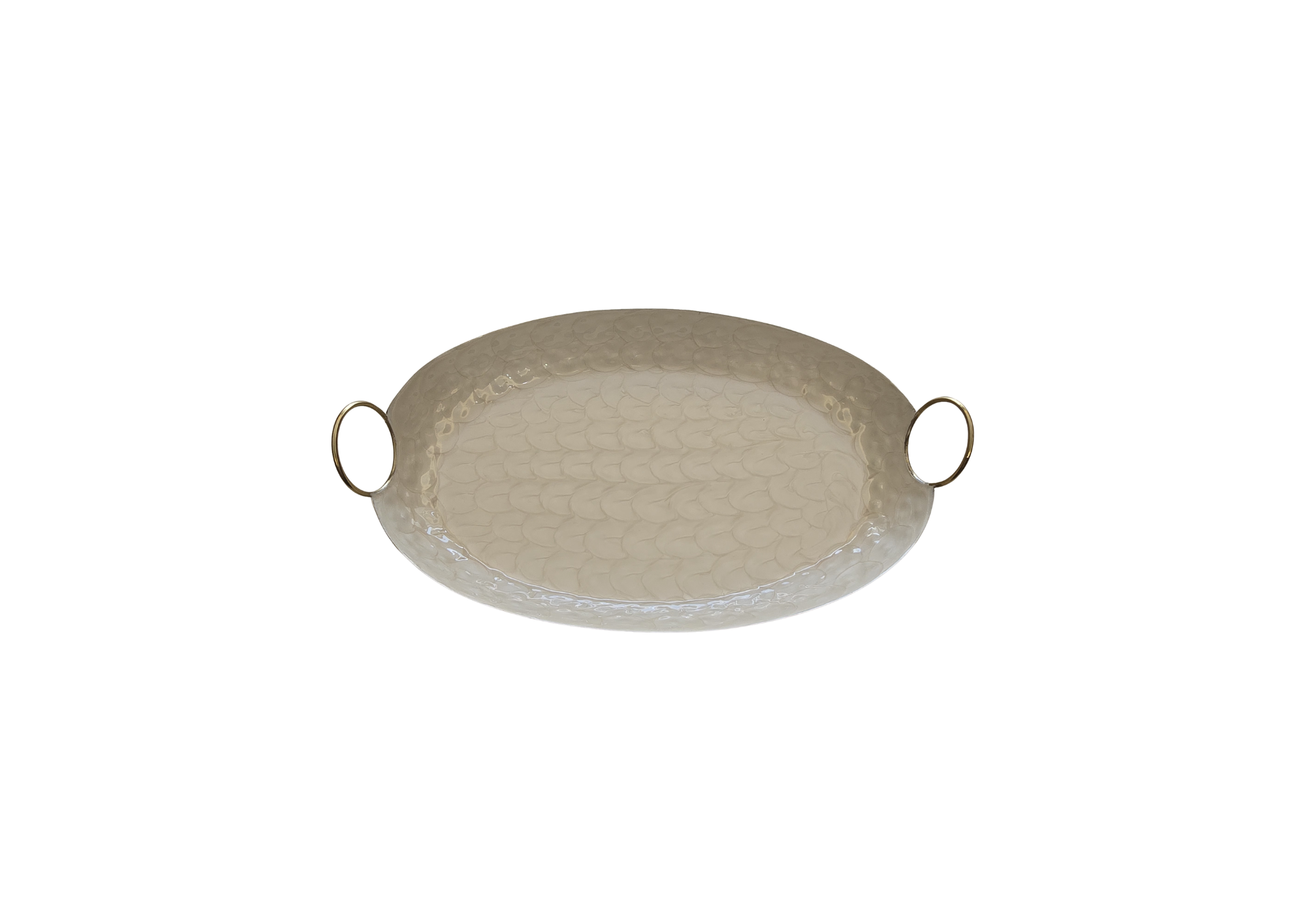 BANDEJA OVALADA BLANCA CON  METAL DORADO MARTILLADO