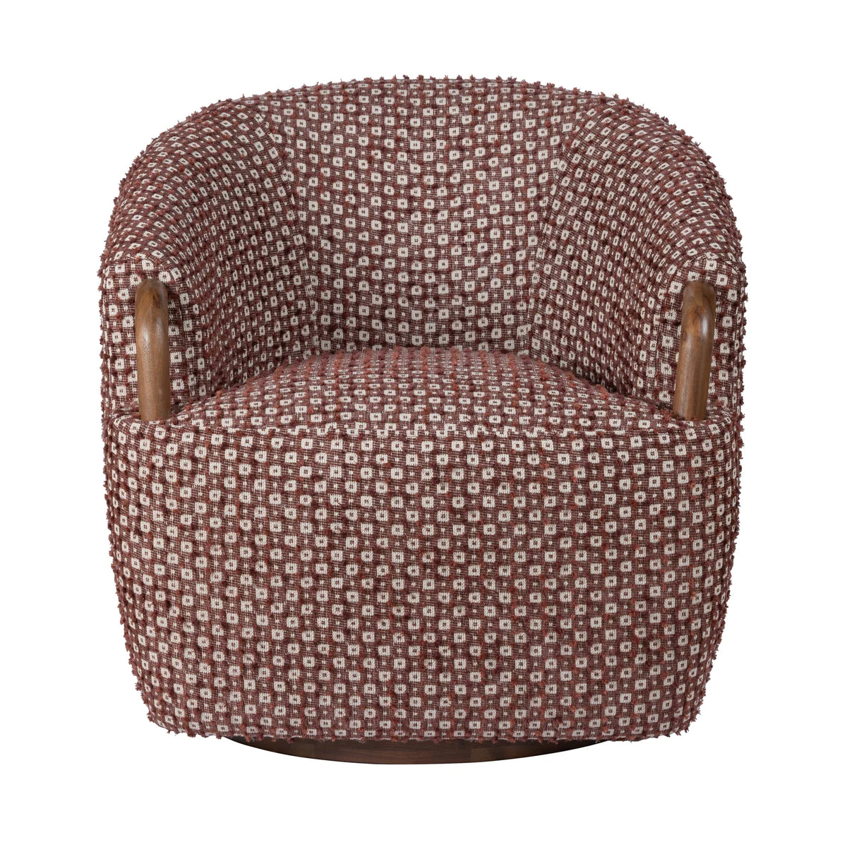Ophelia Swivel Occasional Chair de Alder & Tweed en acabado Merlot Dot fabric cover, Warm Oak wood finish